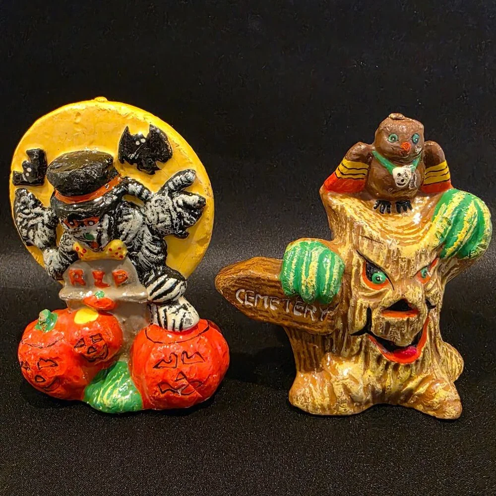 Vintage Halloween Candles - 1950s Lot Of 2 unused mummy bats pumpkin owl tree